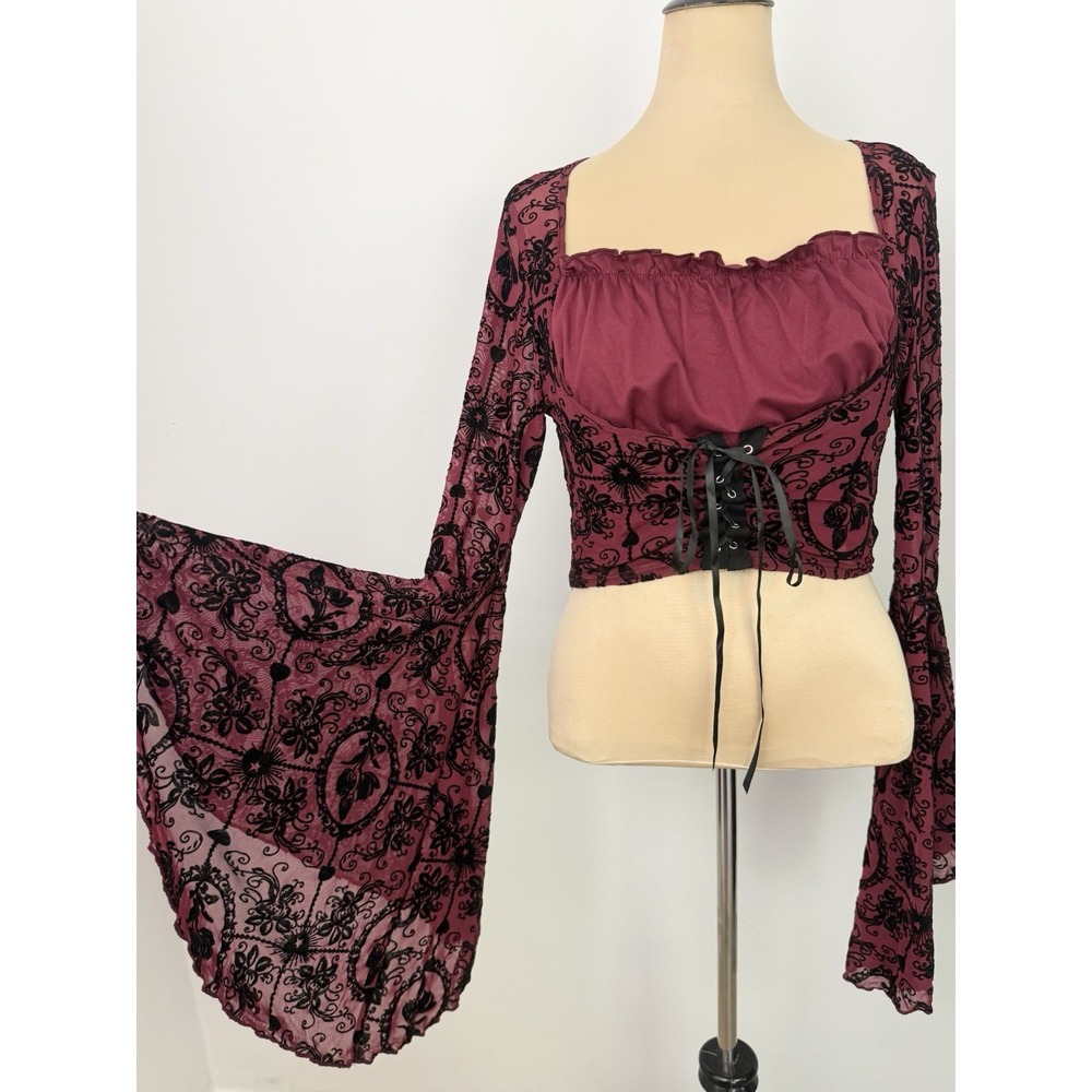 Whimsigoth Corset Velvet Mesh TOP XL Milkmaid Flared Black Witchy Fairy Grunge